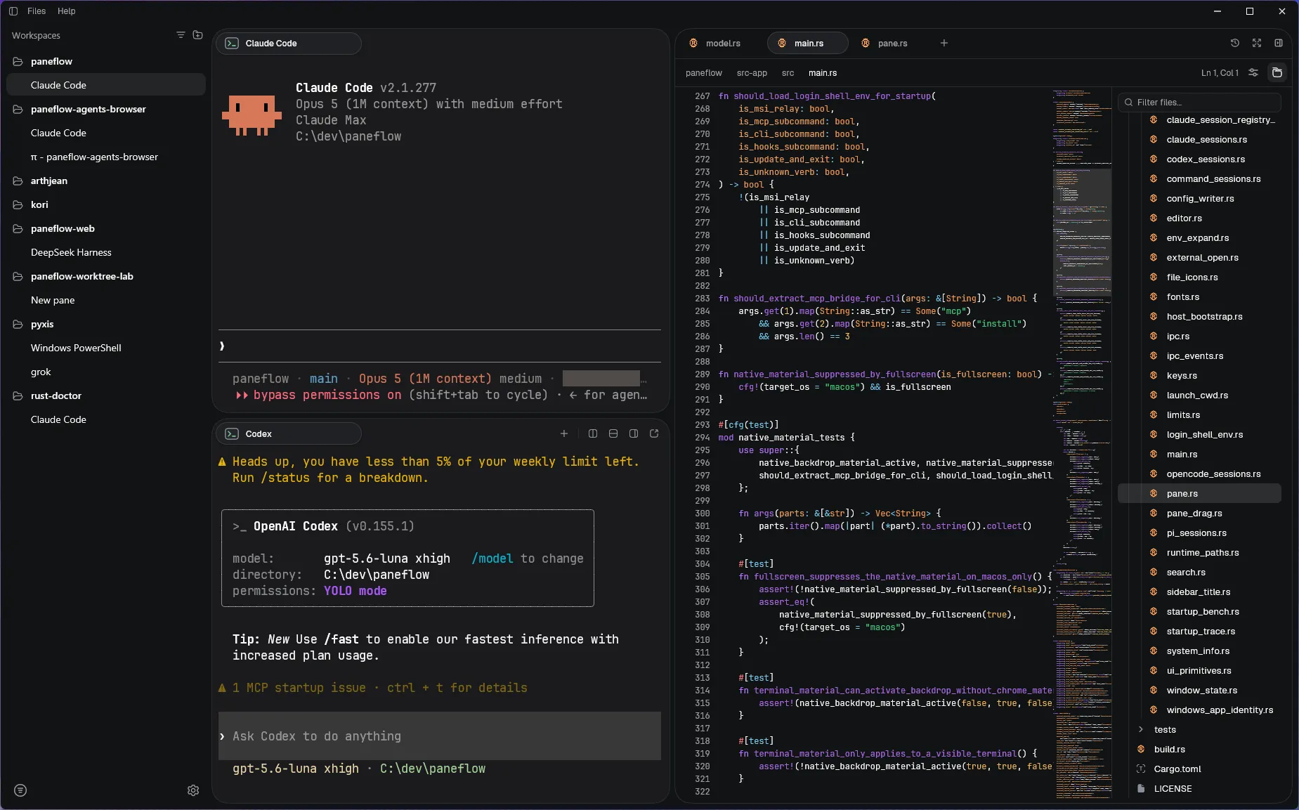 Paneflow avec Claude Code et Codex côte à côte, près d'un éditeur de code Rust et de l'arborescence du projet.
