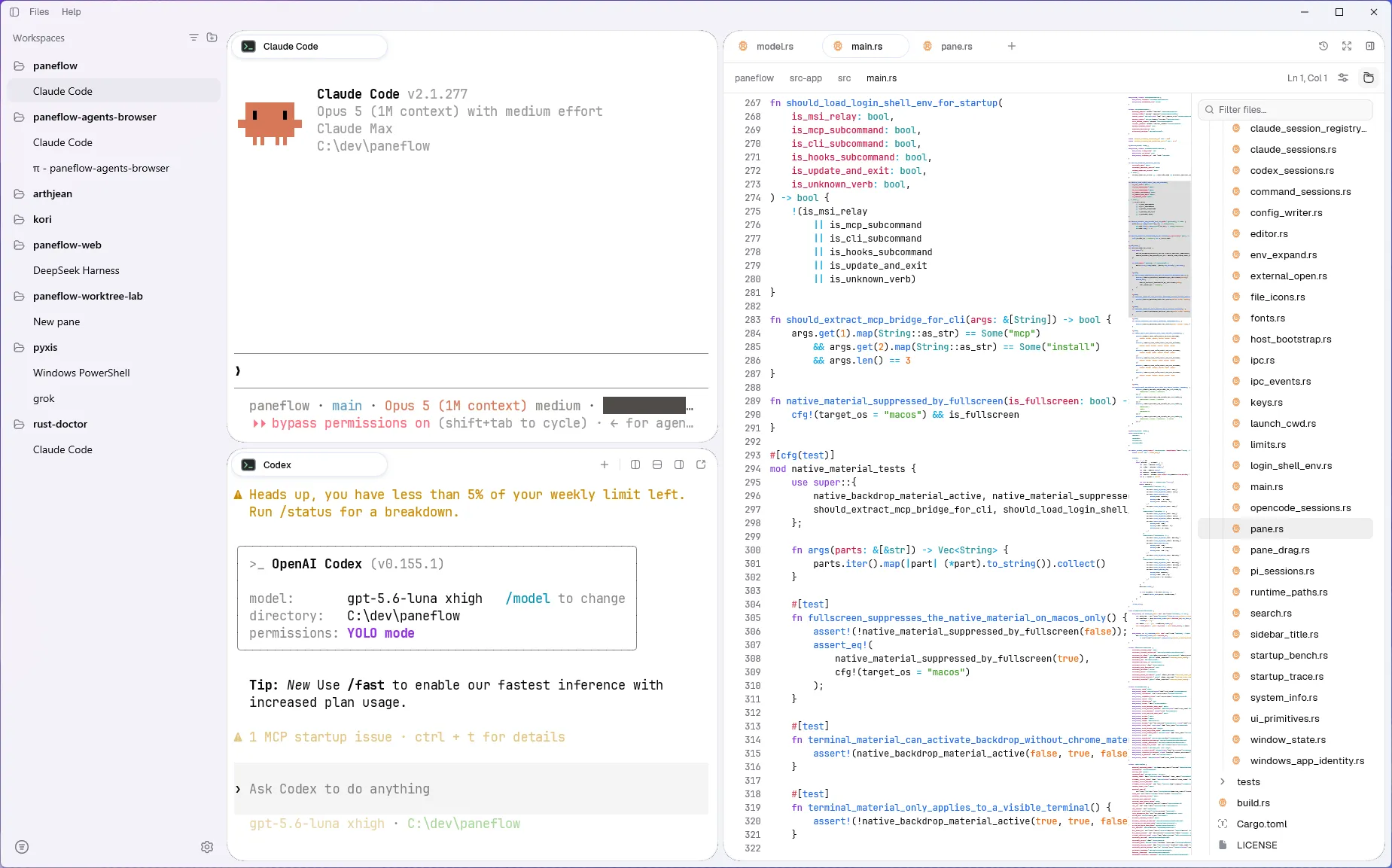 Paneflow avec Claude Code et Codex côte à côte, près d'un éditeur de code Rust et de l'arborescence du projet.